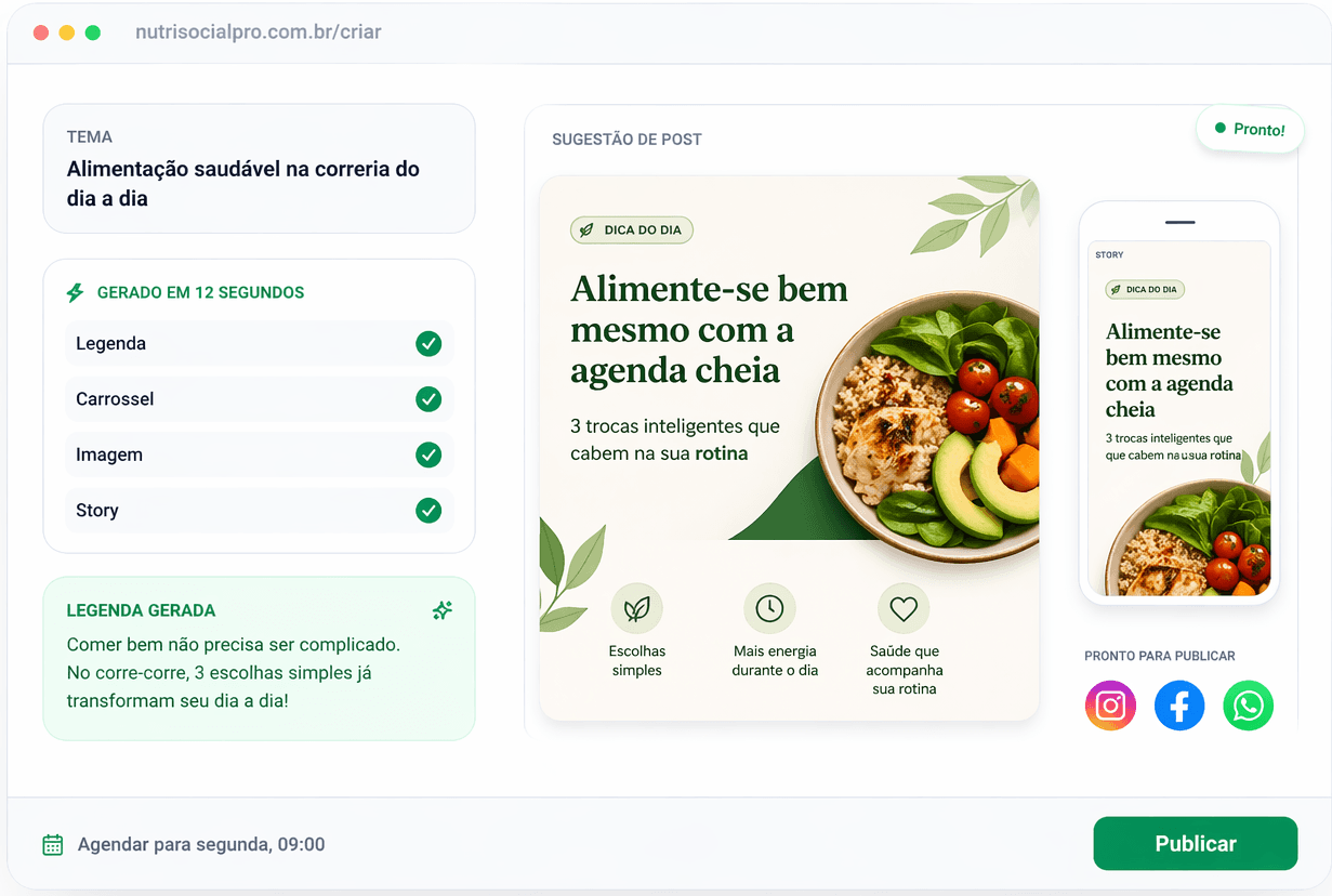 Exemplo da plataforma gerando post, legenda, imagem e story a partir de um tema